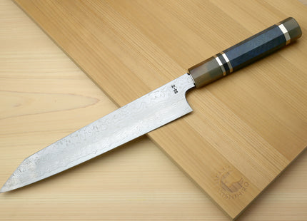 Yoshihiro Damascus SG2 (R2) Semi-Stainless Utility-Kiritsuke Chef Knife with Ocean Blue Handle (Blade Length 9.5" (240mm))