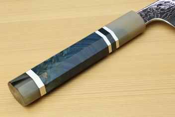 Utility-Kiritsuke chef knife handle end, ocean-blue panels with silver accents