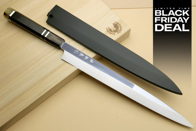 (BF Sale) Yoshihiro SG-2 (R-2) Semi-Stainless Steel Mirror Polished Yanagi Sashimi Knife, Triple Ring Ebony Handle (Blade Length 11.8" (300mm))