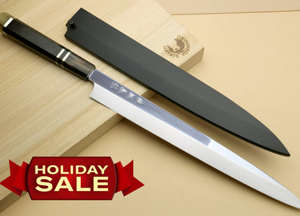 Yoshihiro SG-2 (R-2) Semi-Stainless Steel Mirror Polished Yanagi Sashimi Knife, Triple Ring Ebony Handle 11.8" (300mm) — Holiday Sale