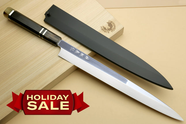 Yoshihiro SG-2 (R-2) Semi-Stainless Steel Mirror Polished Yanagi Sashimi Knife, Triple Ring Ebony Handle 11.8" (300mm) — Holiday Sale