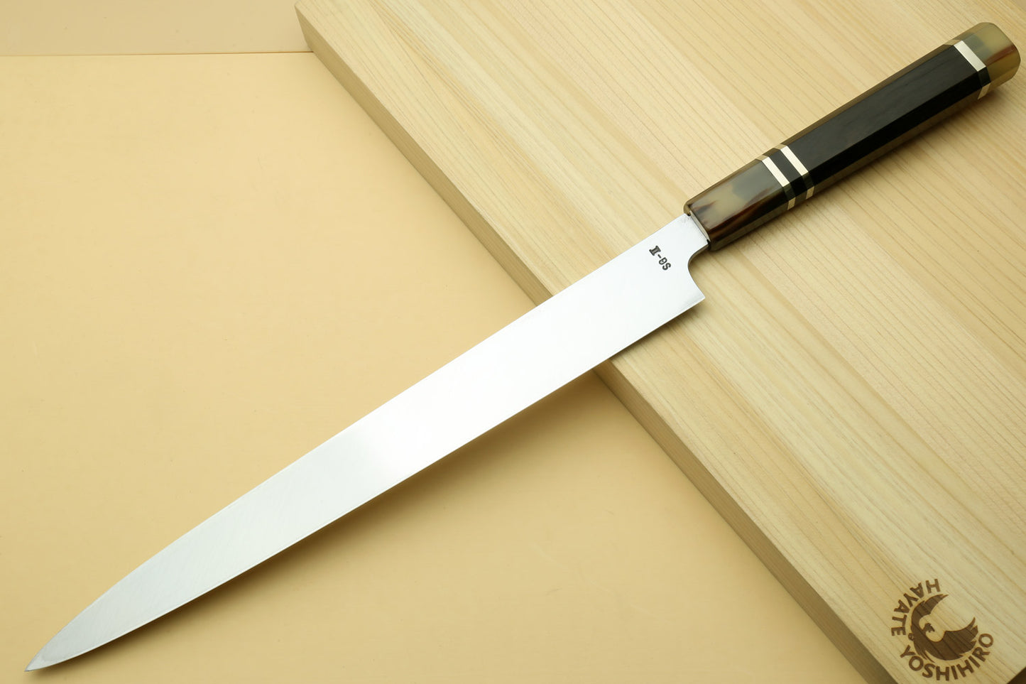 Yoshihiro SG-2 (R-2) Semi-Stainless Steel Mirror Polished Yanagi Sashimi Knife, Triple Ring Ebony Handle