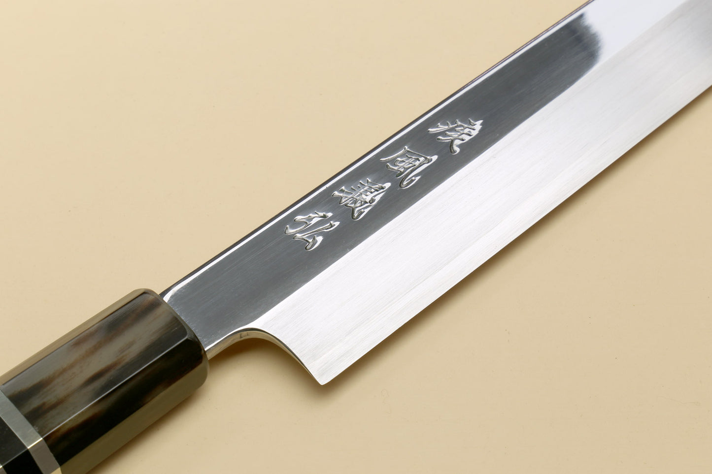 Yoshihiro SG-2 (R-2) Semi-Stainless Steel Mirror Polished Yanagi Sashimi Knife, Triple Ring Ebony Handle