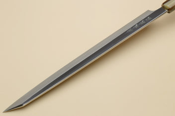 Yanagi kiritsuke knife with pointed tip and dark ebony handle