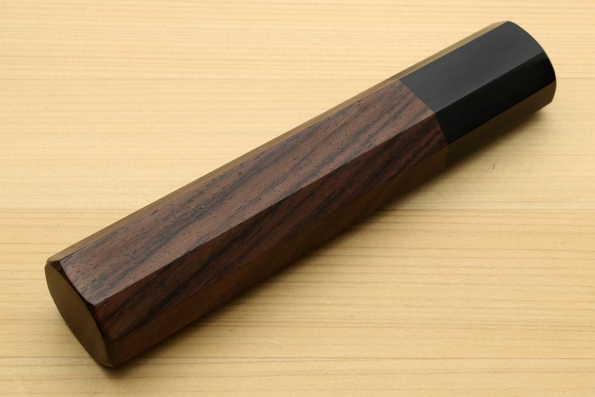 Chef knife handle with rosewood body and ebony bolster, end-to-side close-up, for Gyuto knives