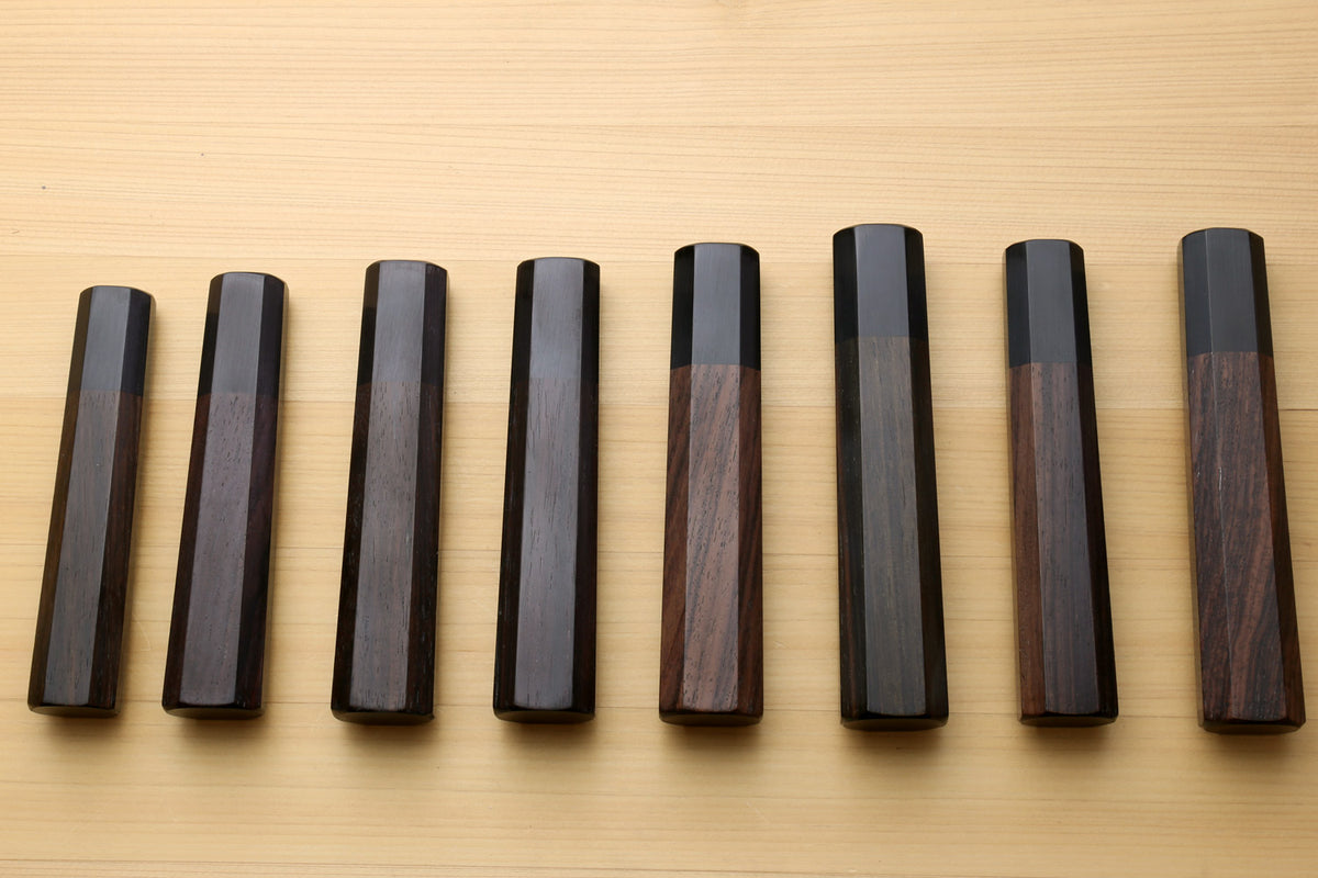Chef knife handle set with rosewood and dark scales, straight-on lineup, for Gyuto knives