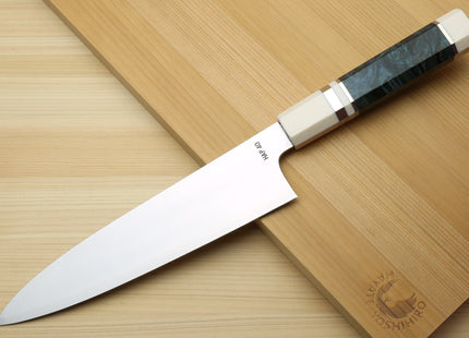 Yoshihiro HAP40 High Speed Stainless Steel Gyuto Chefs Knife Ocean Blue Handle with Alternative Ivory Bolster