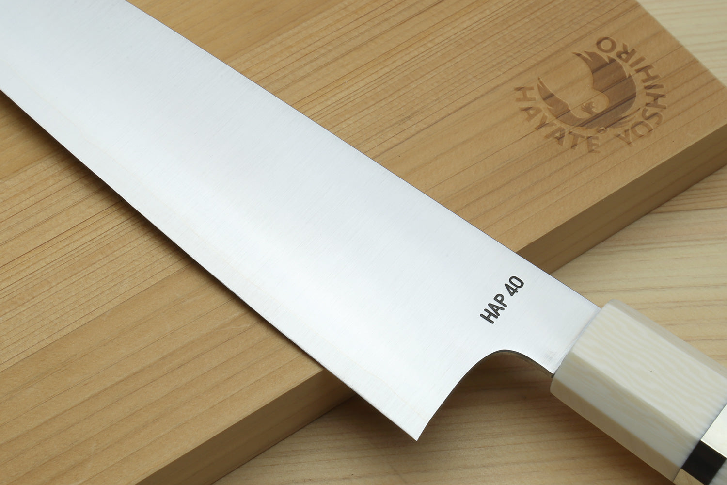 Yoshihiro HAP40 High Speed Stainless Steel Gyuto Chefs Knife Ocean Blue Handle with Alternative Ivory Bolster