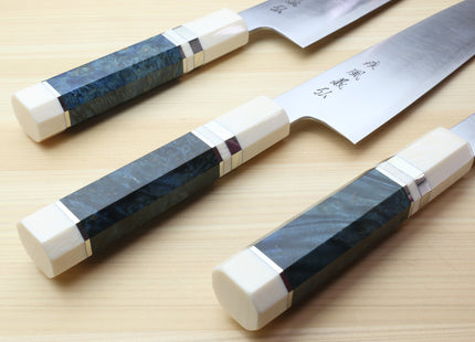 Yoshihiro HAP40 High Speed Stainless Steel Gyuto Chefs Knife Ocean Blue Handle with Alternative Ivory Bolster