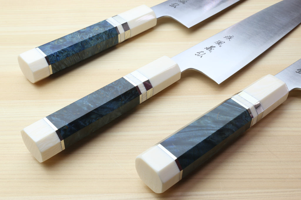 Yoshihiro HAP40 High Speed Stainless Steel Gyuto Chefs Knife Ocean Blue Handle with Alternative Ivory Bolster