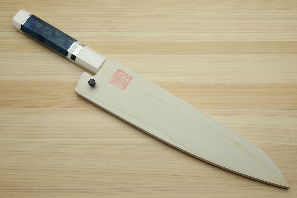 Yoshihiro HAP40 High Speed Stainless Steel Gyuto Chefs Knife Ocean Blue Handle with Alternative Ivory Bolster