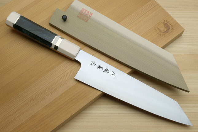 Yoshihiro HAP40 High Speed Stainless Steel Kiritsuke Multipurpose Chefs Knife Ocean Blue Handle with Alternative Ivory Bolster