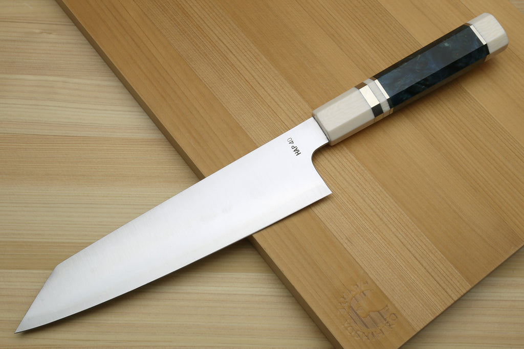 Yoshihiro HAP40 High Speed Stainless Steel Kiritsuke Multipurpose Chefs Knife Ocean Blue Handle with Alternative Ivory Bolster