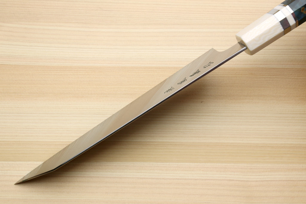 Yoshihiro HAP40 High Speed Stainless Steel Kiritsuke Multipurpose Chefs Knife Ocean Blue Handle with Alternative Ivory Bolster