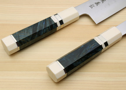 Yoshihiro HAP40 High Speed Stainless Steel Kiritsuke Multipurpose Chefs Knife Ocean Blue Handle with Alternative Ivory Bolster