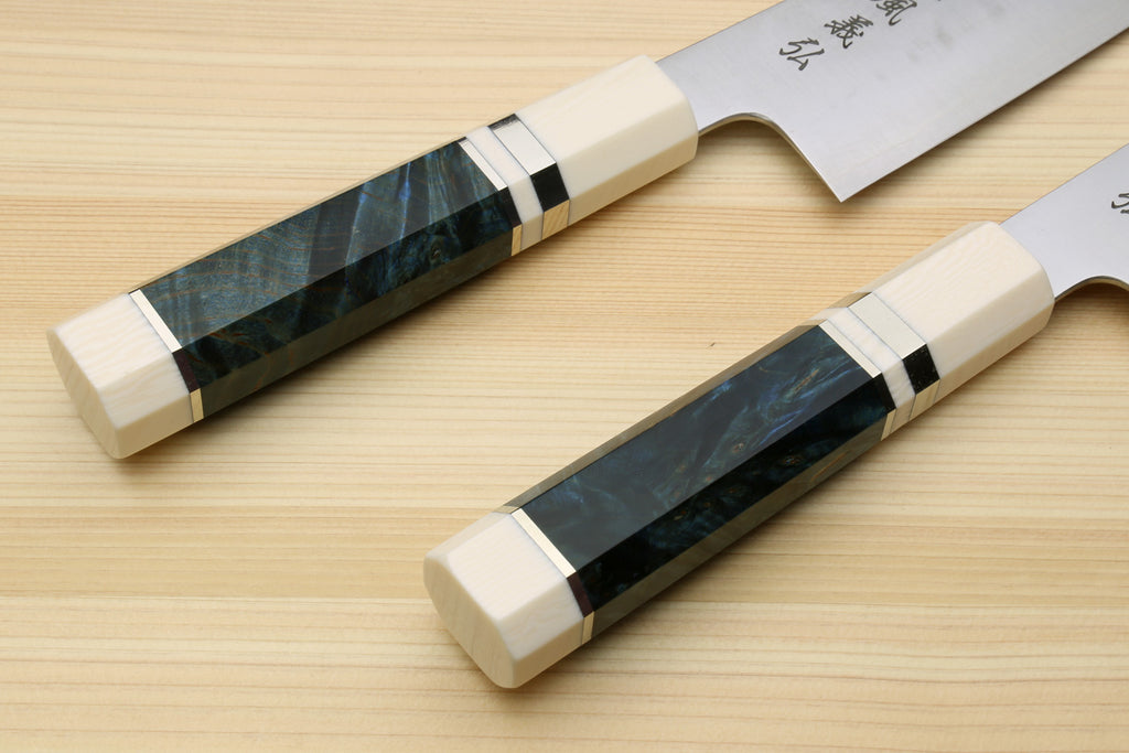 Yoshihiro HAP40 High Speed Stainless Steel Kiritsuke Multipurpose Chefs Knife Ocean Blue Handle with Alternative Ivory Bolster