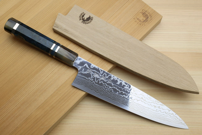 Yoshihiro HAP40 High Speed Stainless Steel Damascus Gyuto Chefs Knife with Ocean Blue Handle