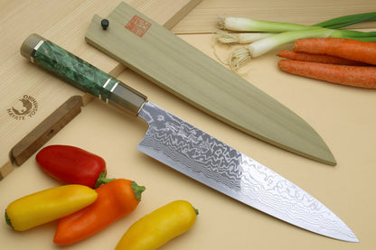 Yoshihiro HAP40 High Speed Stainless Steel Suminagashi Gyuto Chefs Knife, Triple Ring Stabilized Maple Burl Handle