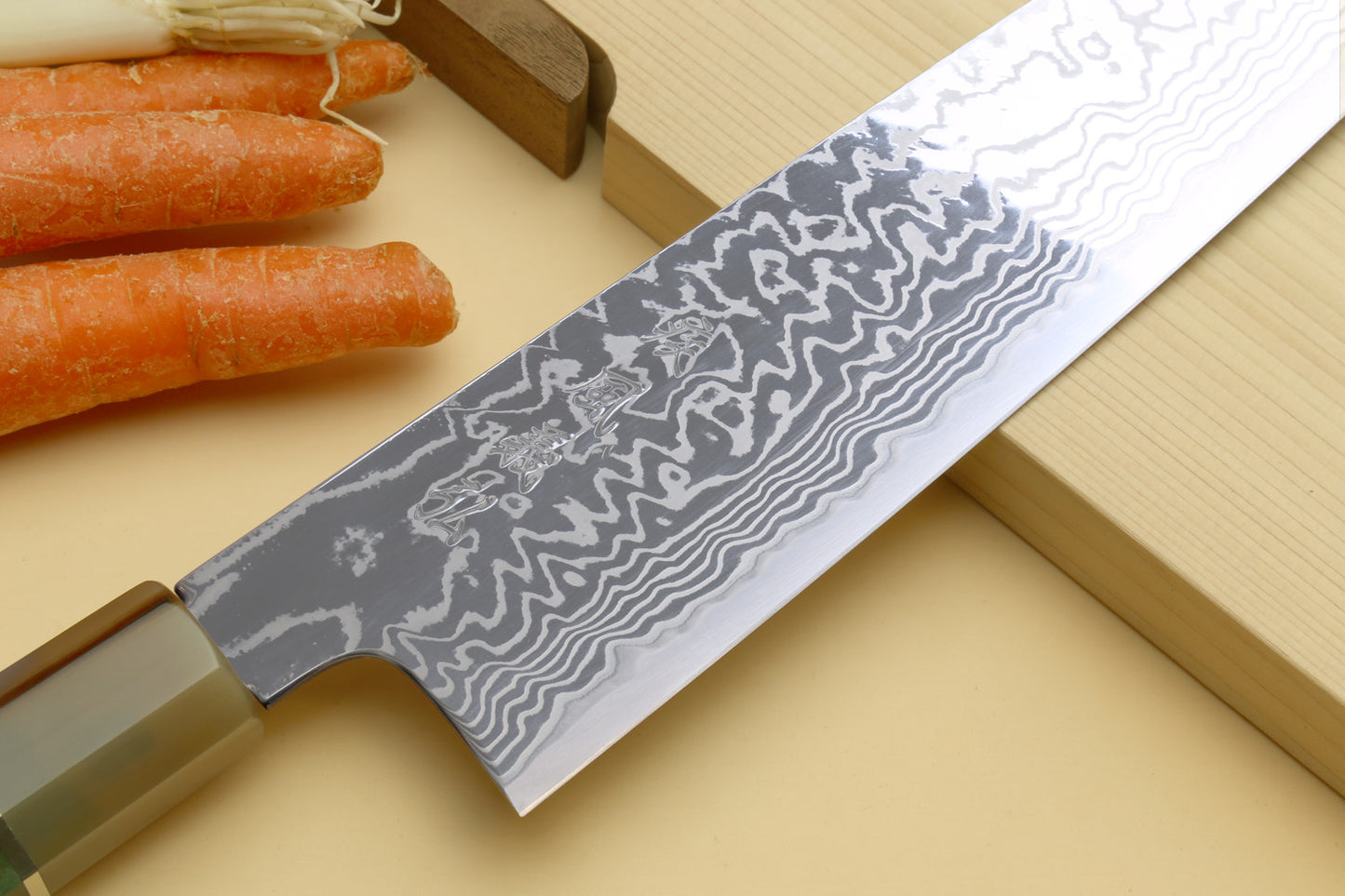 Yoshihiro HAP40 High Speed Stainless Steel Suminagashi Gyuto Chefs Knife, Triple Ring Stabilized Maple Burl Handle