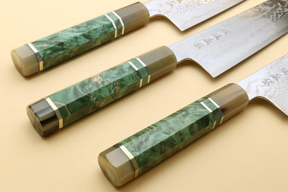 Yoshihiro HAP40 High Speed Stainless Steel Suminagashi Gyuto Chefs Knife, Triple Ring Stabilized Maple Burl Handle