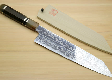 Yoshihiro HAP40 High Speed Stainless Steel Damascus Kiritsuke Multipurpose Chefs Knife, Octagonal Ebony Wood Handle with Triple Ring