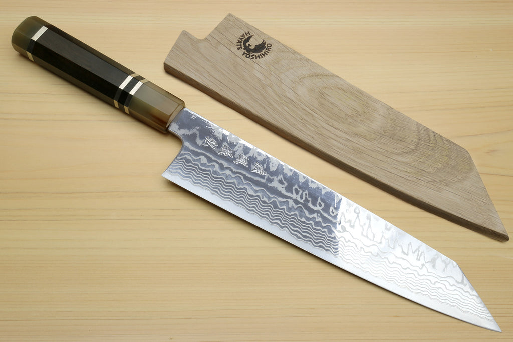 Yoshihiro HAP40 High Speed Stainless Steel Damascus Kiritsuke Multipurpose Chefs Knife, Octagonal Ebony Wood Handle with Triple Ring