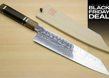 (BF Sale) Yoshihiro HAP40 High Speed Stainless Steel Damascus Kiritsuke Multipurpose Chefs Knife, Triple Ring Handle (Blade Length 9.5" (240mm))