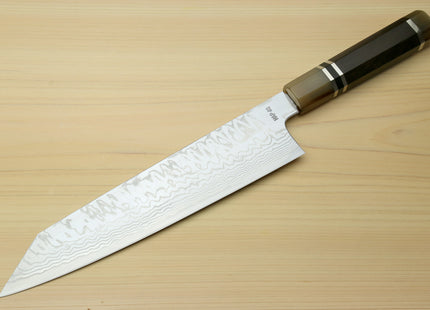 Yoshihiro HAP40 High Speed Stainless Steel Damascus Kiritsuke Multipurpose Chefs Knife, Octagonal Ebony Wood Handle with Triple Ring