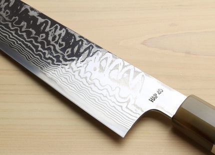 Yoshihiro HAP40 High Speed Stainless Steel Damascus Kiritsuke Multipurpose Chefs Knife, Octagonal Ebony Wood Handle with Triple Ring