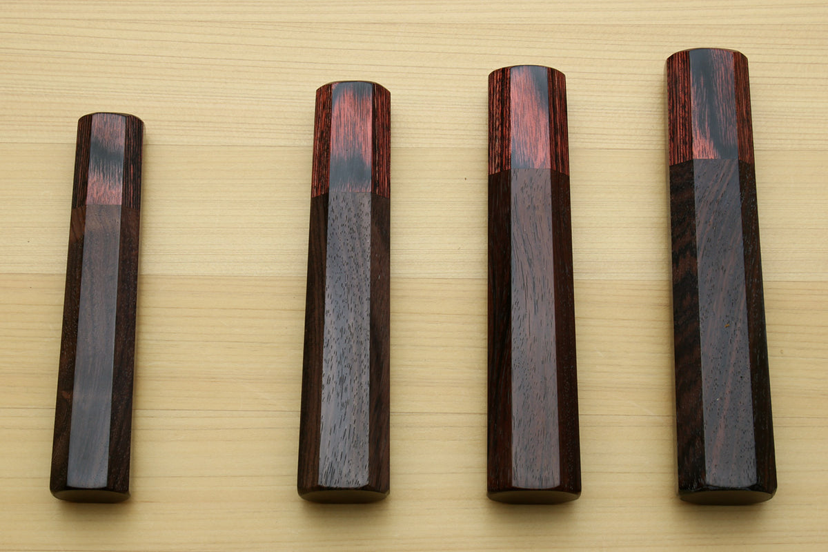 Set of rosewood handles with mahogany bolster and oval lanyard holes, for Petty knives