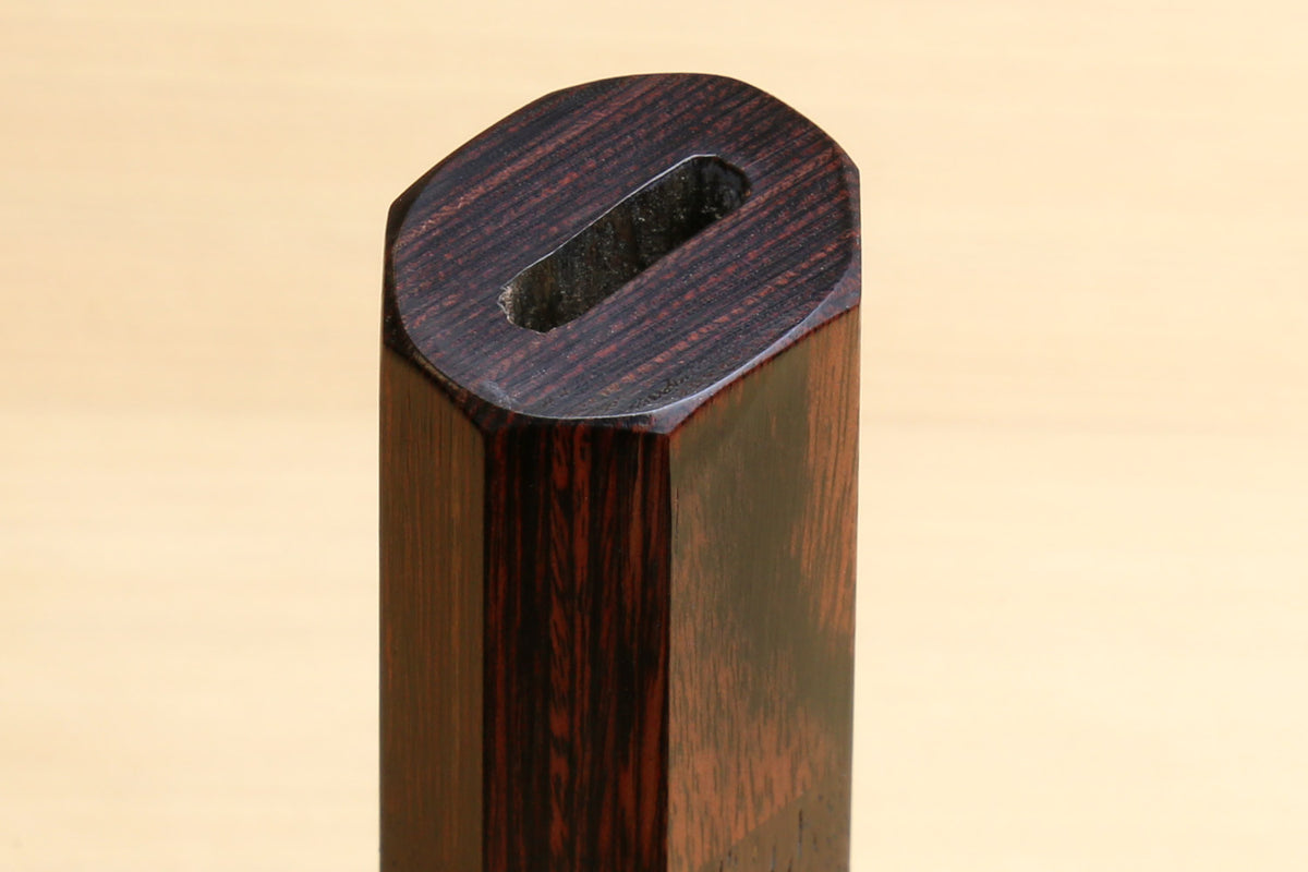 Rosewood handle end with dark mahogany bolster and oval lanyard hole, for Petty knives