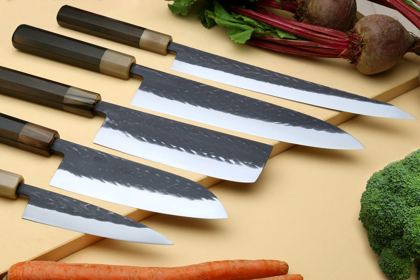 Yoshihiro Kurouchi Stainless Clad Nashiji High Performance SLD (Gyuto, Santoku, Nakiri, Sujihiki-Kiritsuke & Petty) 5pc Knife Set with Lacquered Saya