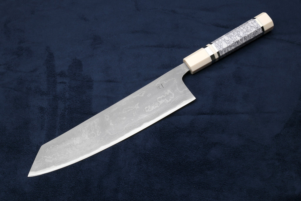 Yoshihiro Damascus Blue Steel #1 Kiritsuke Multipurpose Japanese Chef Knife, Howlite White Handle with Alternative Ivory Bolster(Blade Length: 9.5" (240mm))