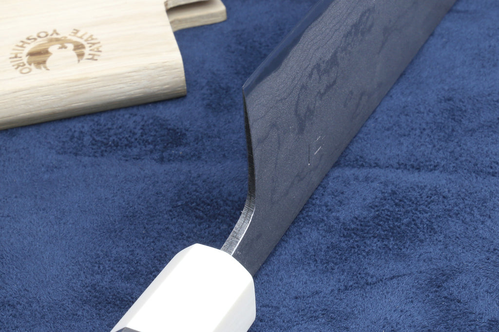 Yoshihiro Damascus Blue Steel #1 Kiritsuke Multipurpose Japanese Chef Knife, Howlite White Handle with Alternative Ivory Bolster(Blade Length: 9.5" (240mm))