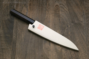 Petty-kiritsuke knife with dark blade and ebony wood handle, full side view