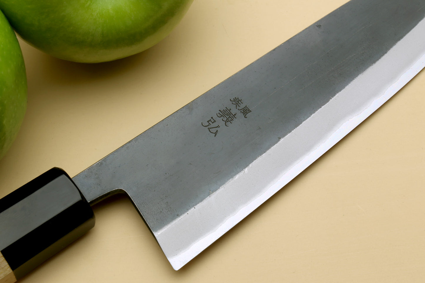 Yoshihiro Kurouchi Black-Forged Blue Steel Stainless Clad Santoku Multipurpose Knife Kaede Wood Handle