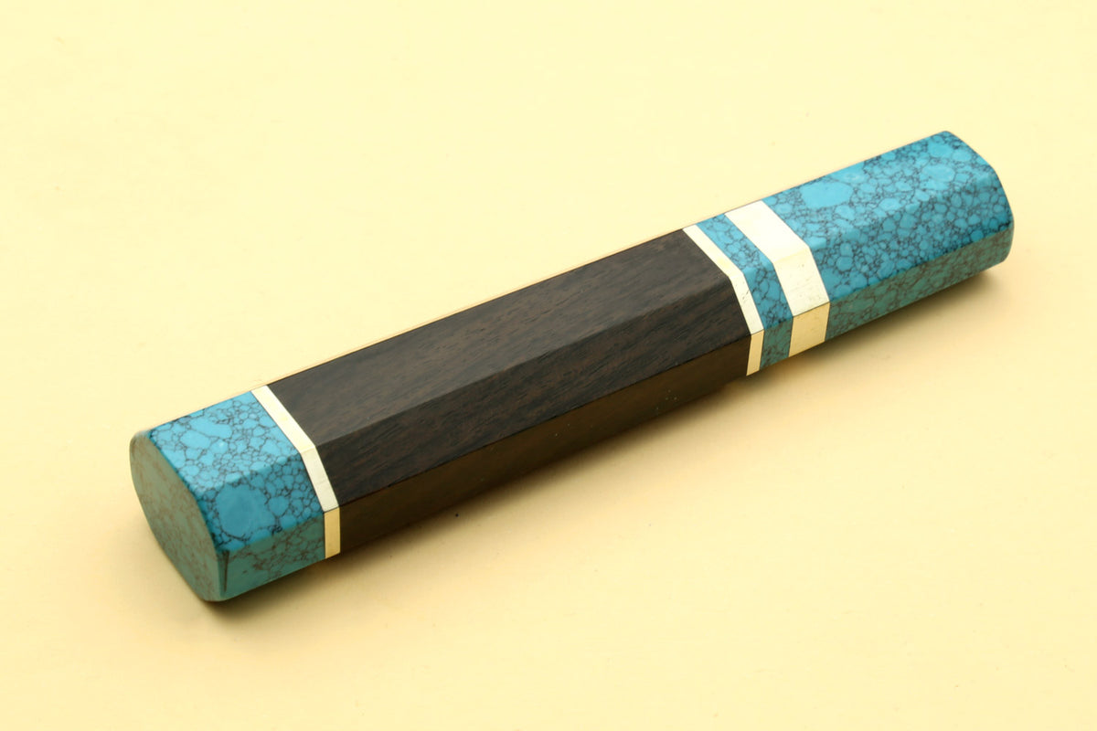 Turquoise blue knife handle with dark wood body and white stripe accents, for Yanagi knives