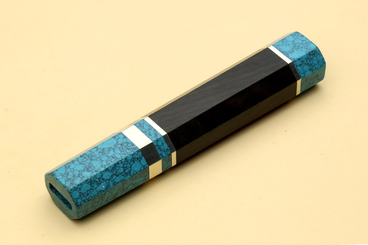 Turquoise blue knife handle with dark wood, white stripe rings, and end cap, for Yanagi knives