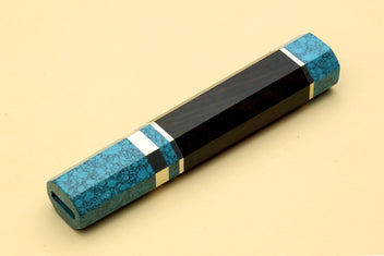 Turquoise blue knife handle with dark wood, white stripe rings, and end cap, for Yanagi knives