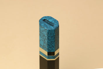 Turquoise blue knife handle with dark wood and white stripe bands, for Yanagi knives