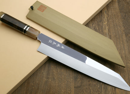 Yoshihiro SVG-10 Semi-Stainless Steel Mirror Finished Single Edged Kiritsuke Multipurpose Japanese Knife Ebony Handle with Triple Ring