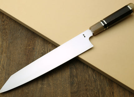 Yoshihiro SVG-10 Semi-Stainless Steel Mirror Finished Single Edged Kiritsuke Multipurpose Japanese Knife Ebony Handle with Triple Ring