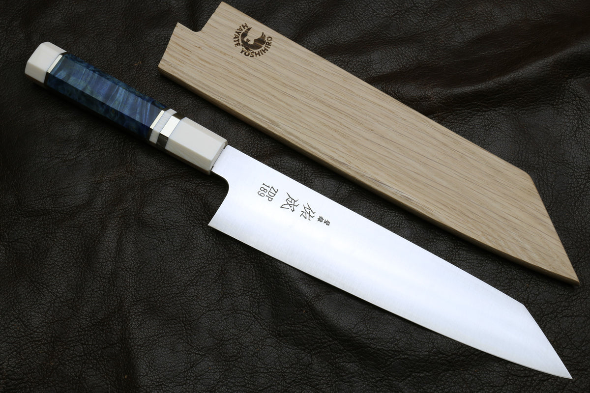 Kiritsuke knife with stainless blade and alternative ivory handle, blue inlay
