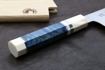 Kiritsuke knife with alternative ivory handle, blue inlay, and stainless blade