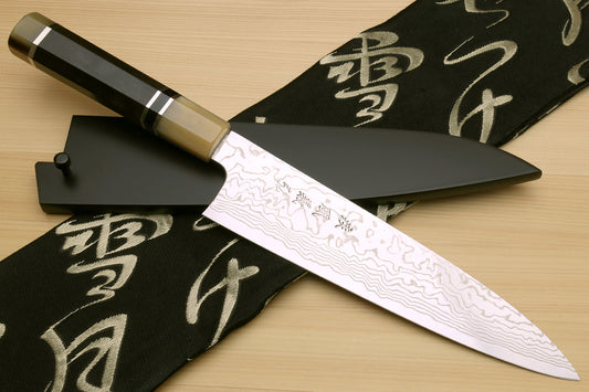 Yoshihiro Hayate ZDP-189 Super High Carbon Stainless Steel Suminagashi Gyuto Chef Knife Octagonal Ebony Wood Handle with Triple Ring