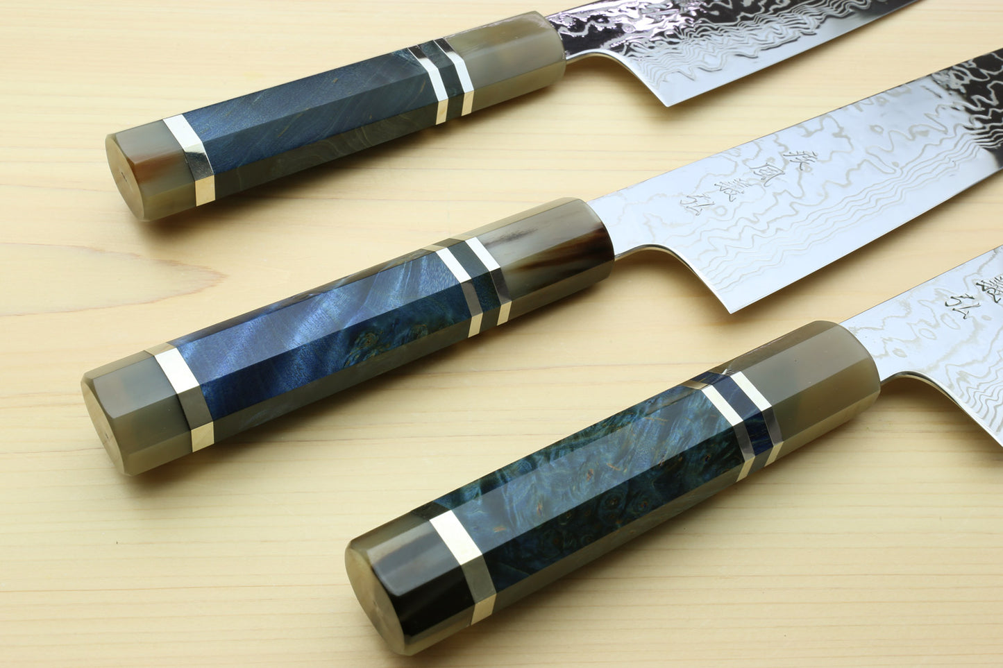 Yoshihiro Hayate ZDP-189 Super High Carbon Stainless Steel Damascus Kiritsuke Chef Knife Octagonal Ocean Blue Handle (Blade Length 210mm)