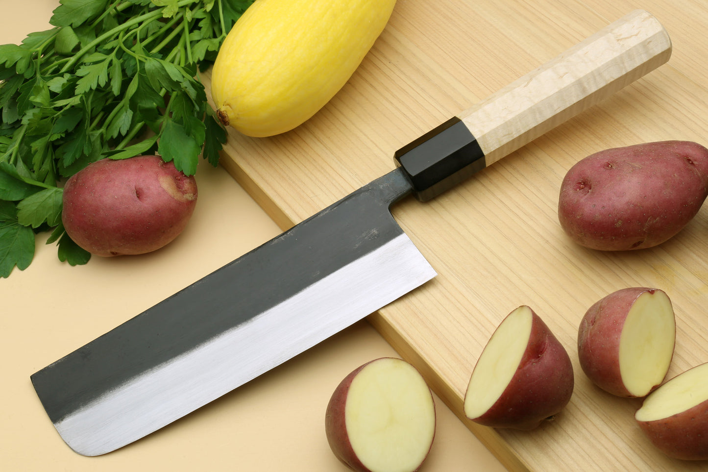 Yoshihiro Kurouchi High Carbon White Steel #2 Nakiri Japanese Vegetable Knife with Camphor Handle