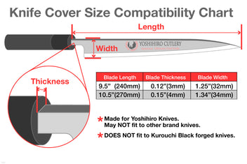 Knife cover size compatibility chart with blade length, width, and thickness measurements