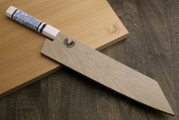 Japanese chef knife, long silver blade with textured white howlite handle