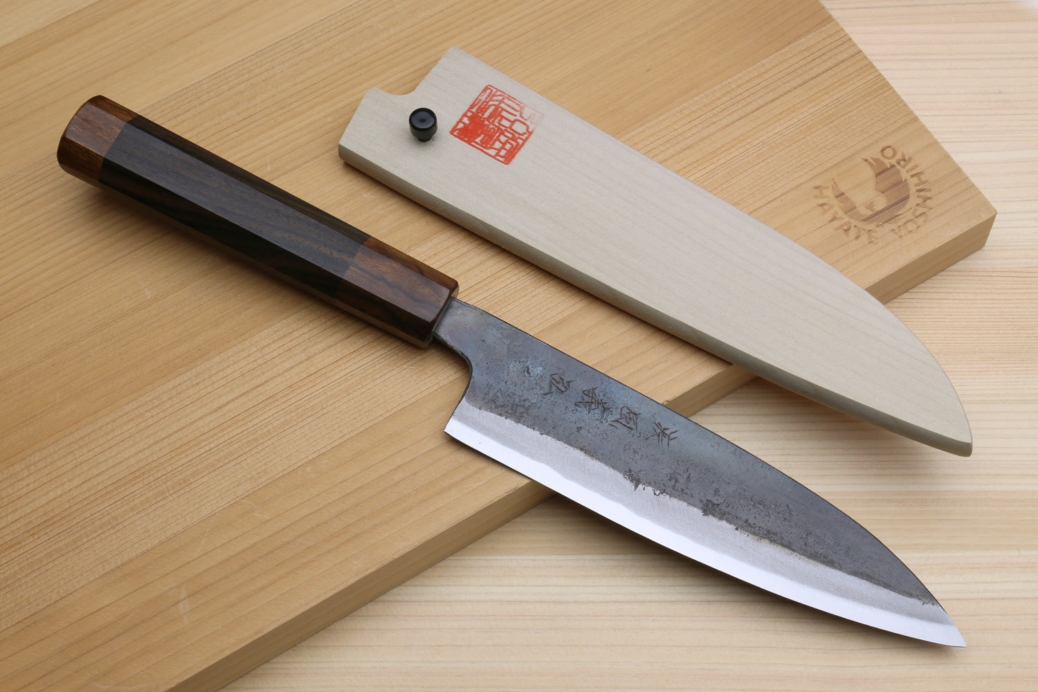 Yoshihiro Aogami Super Blue High Carbon Steel Kurouchi Petty Utility Knife with Ebony Handle